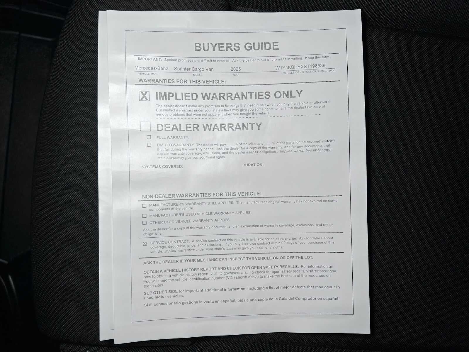 2025 Mercedes-Benz Sprinter 2500 Standard Roof I4 Diesel 144" RWD